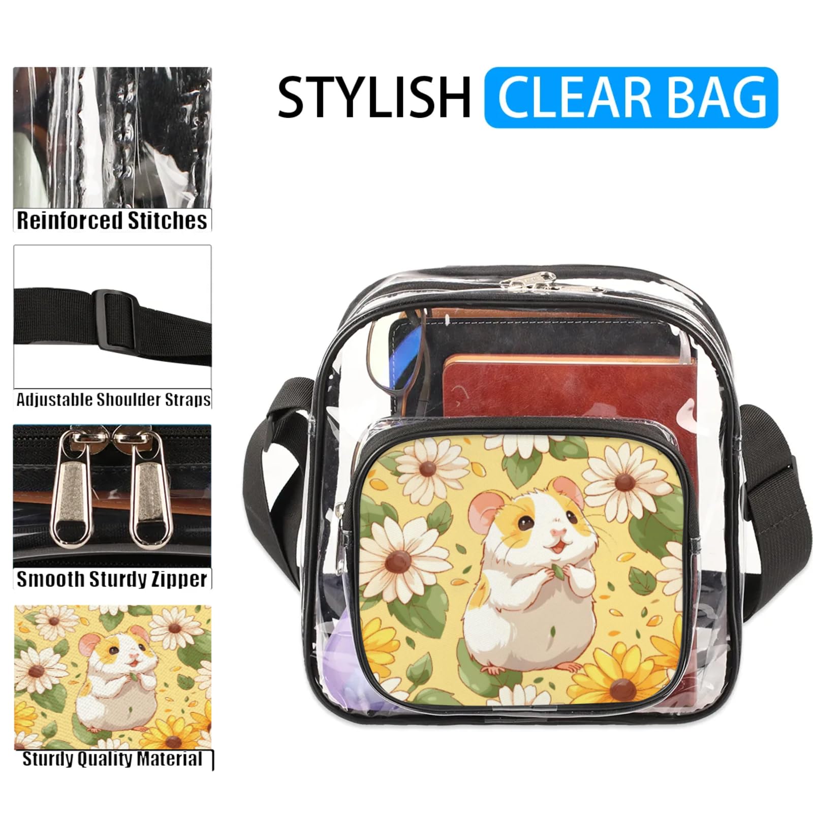 Clear Crossbody Bag Stadium Approved Hamster and Daisy Transparent Bag for Festivals, Sports Events, Concerts,Beach Bag for Women Men Clear Purse with Front Pocket Messenger Bag with Adjustable Strap