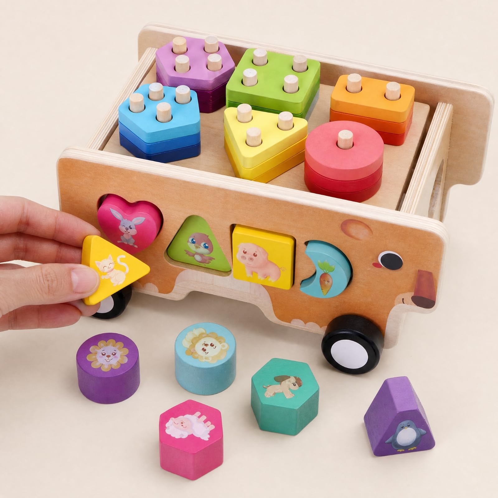 Qianly Carretto Didattico con Forme Geometriche Educativo Carretto con Blocchi di Forme Prescolare Giocattolo di Legno Blocchi Rimovibili per Area Giochi, Lancio Anello
