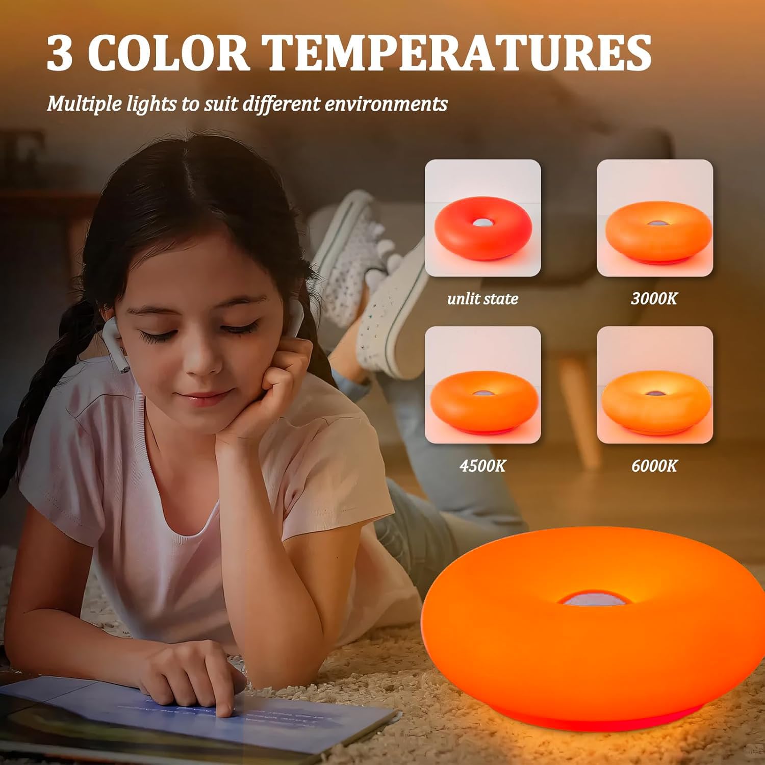 OOWOKS Lampada a ciambella, lampada da tavolo a LED arancione a forma di ciambella, senza fili, ricaricabile, dimmerabile al tocco, 3 temperature di colore, lampada da comodino retrò, luci notturne