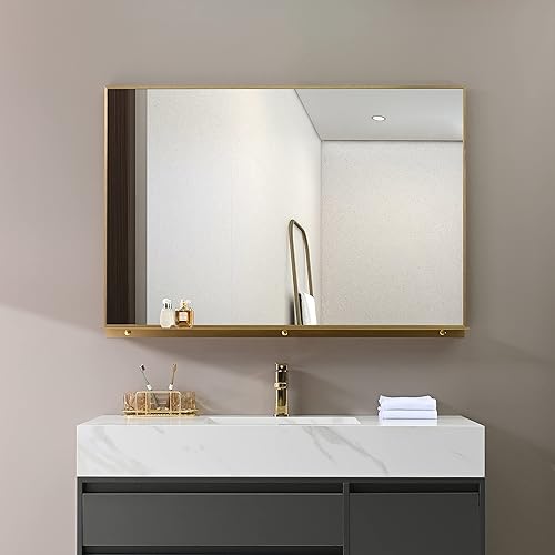 Miniatura 4 de PetusHouse - Espejos rectangulares dorados enmarcados de 48 x 32 pulgadas con estante extraíble, espejo de pared moderno para baño, dormitorio, sala