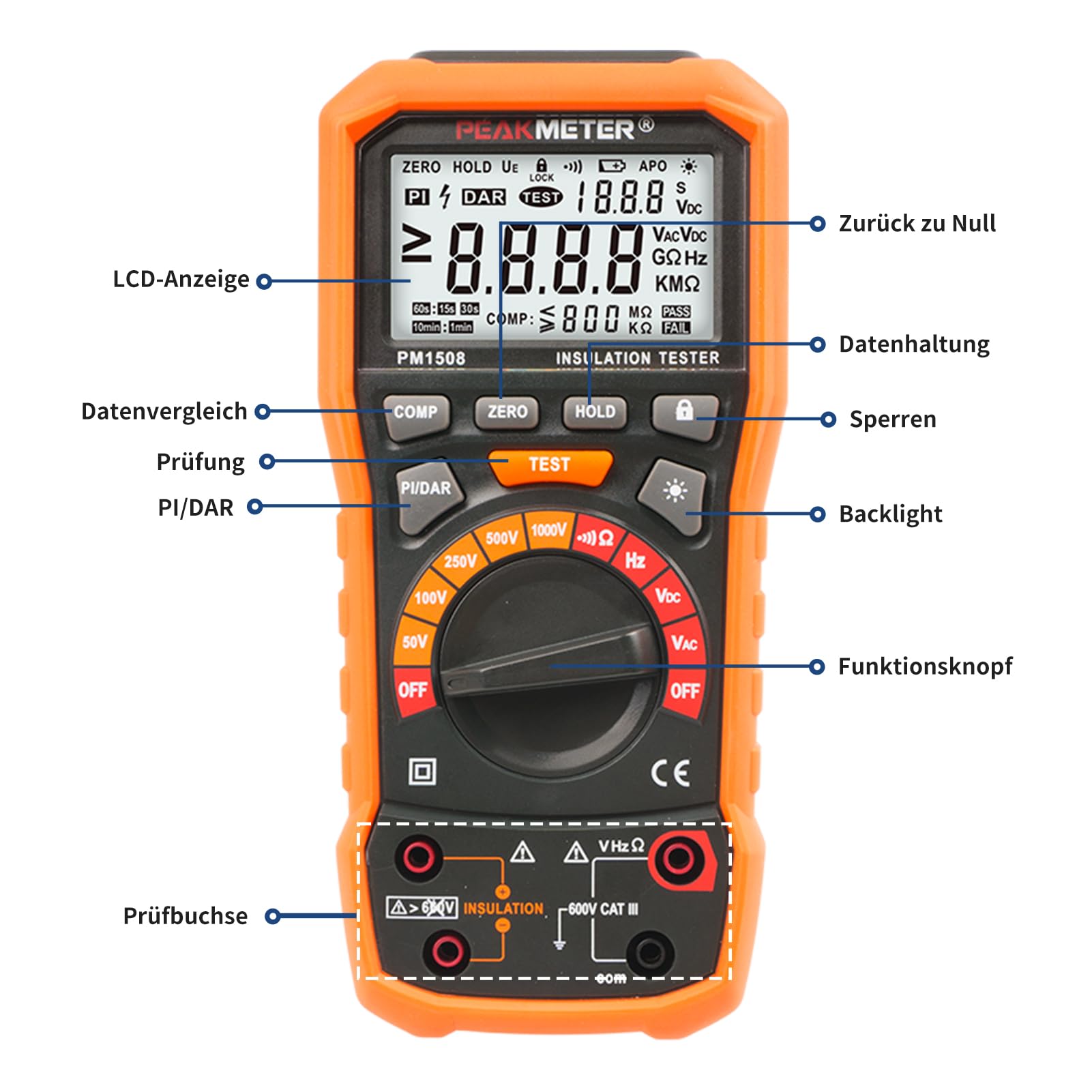 Digital Megohmmeter Isolierungs-Widerstand-Prüfvorrichtung 1000V AC/DC für elektrische Ausrüstung und isolierenden Widerstand bis zu 100GΩ mit PI/DAR, Frequenz und Niederspannungsprüfung