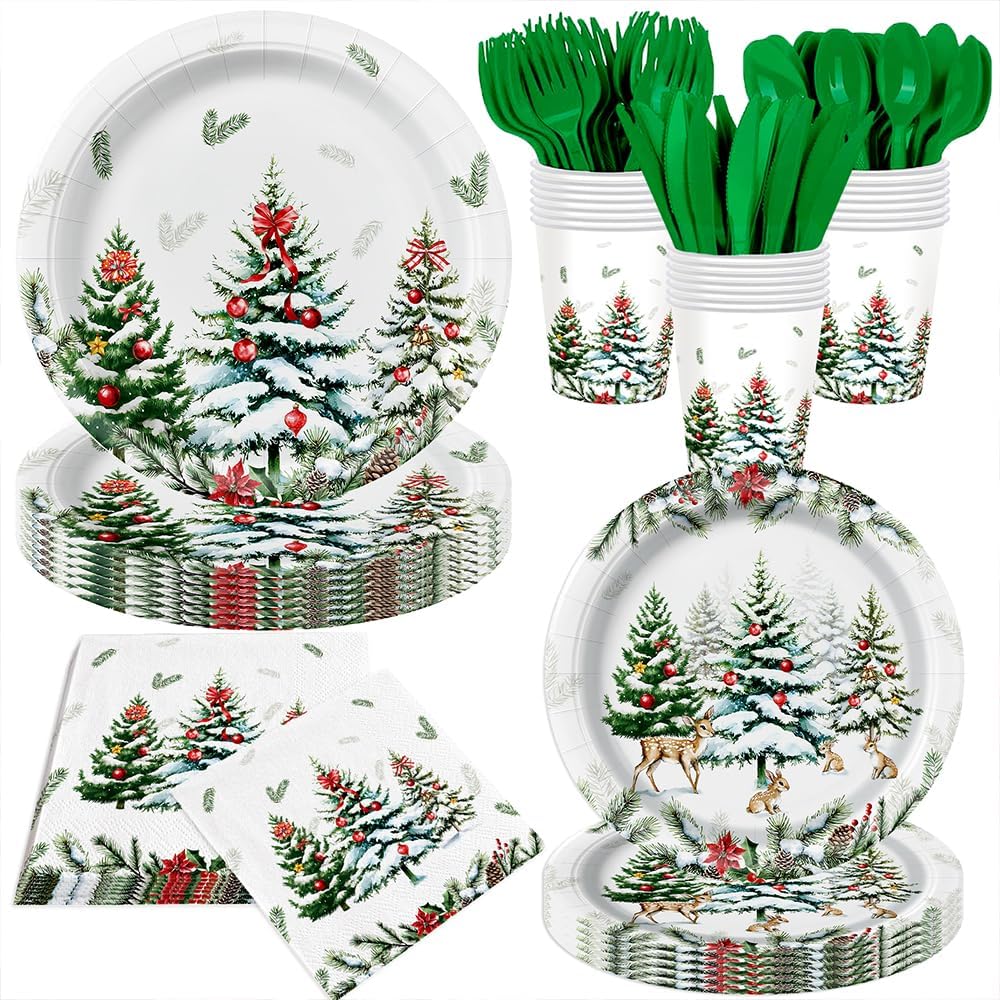 140Pcs Christmas Party Decorations Forest Snow Pine Trees Plates and Napkins Winter Birthday Party Supplies Tableware Set Green Christmas Tree Paper Plates, Serve for 20 Guest
