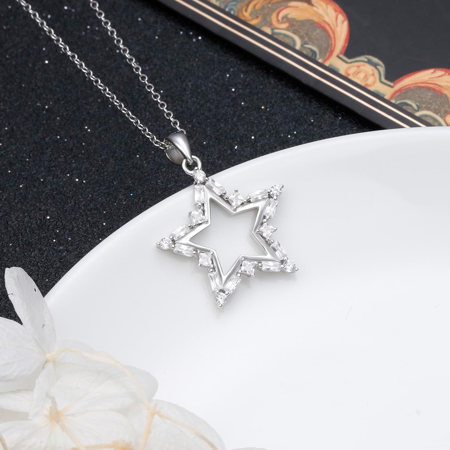 YinShan 925 sterling Silver Cubic Zirconia Star/Snowflake/Teardrop Pendant Necklace for Women - Image 4