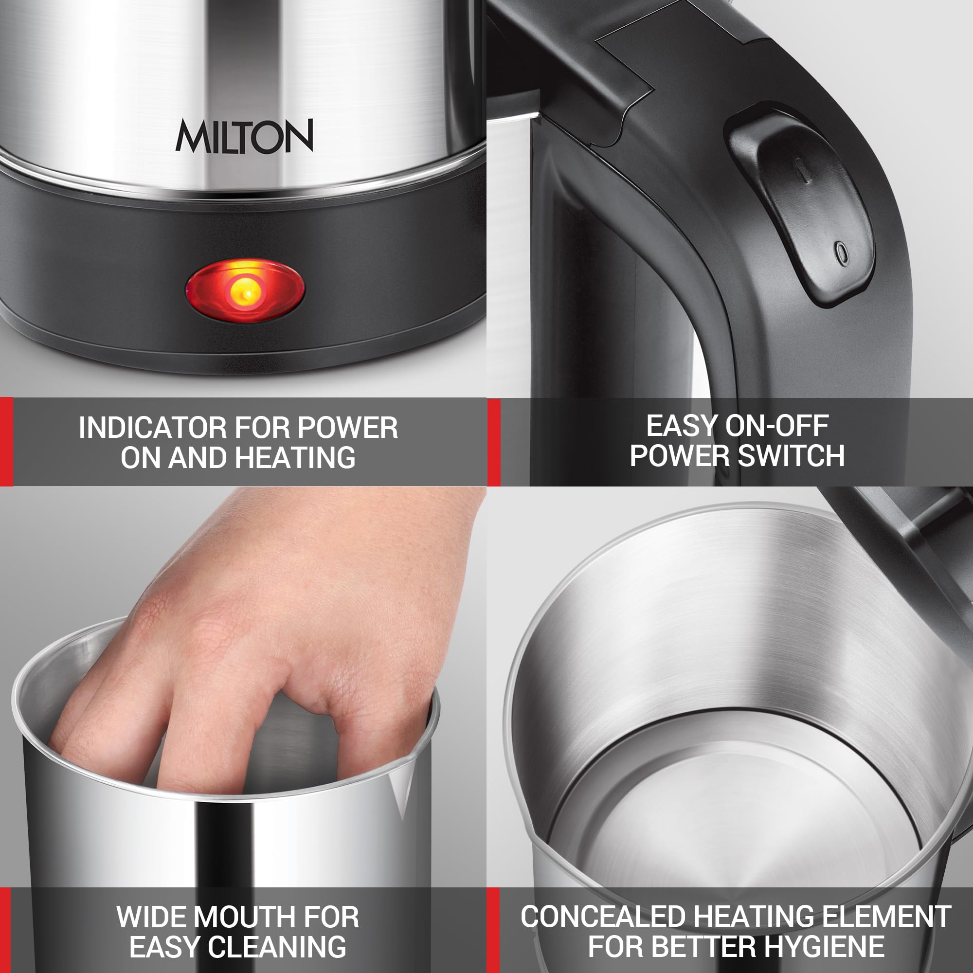MILTON Stainless Steel Euroline Electric Travel Kettle With Handle, 1000 Watt, 500 Ml | 2 Utility Cups | Auto Shut-Off | Concealed Heating Element | Power Indicator |1Year Warranty, Silver 2