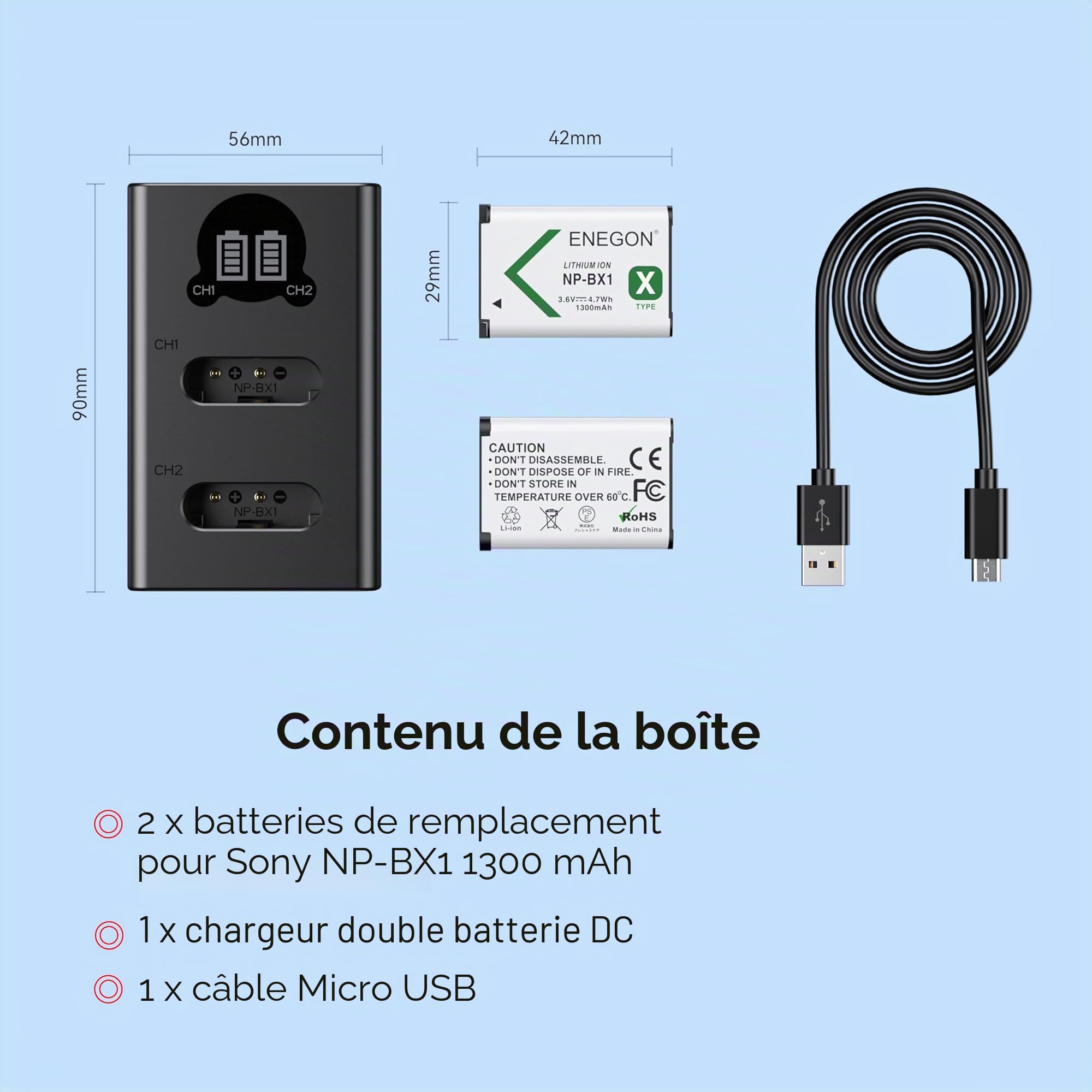 Batterie ENEGON NP-BX1 (Pack de 2 1300mAh) et kit de Chargeur LCD compatibles avec Sony NP-BX1 et Sony ZV-1, Cyber-Shot DSC-RX100, DSC-RX100 II/III/M4/M5/M6/M7/Ⅳ/Ⅴ/Ⅵ/Ⅶ/VA, DSC-RX100M II, HDR-CX405