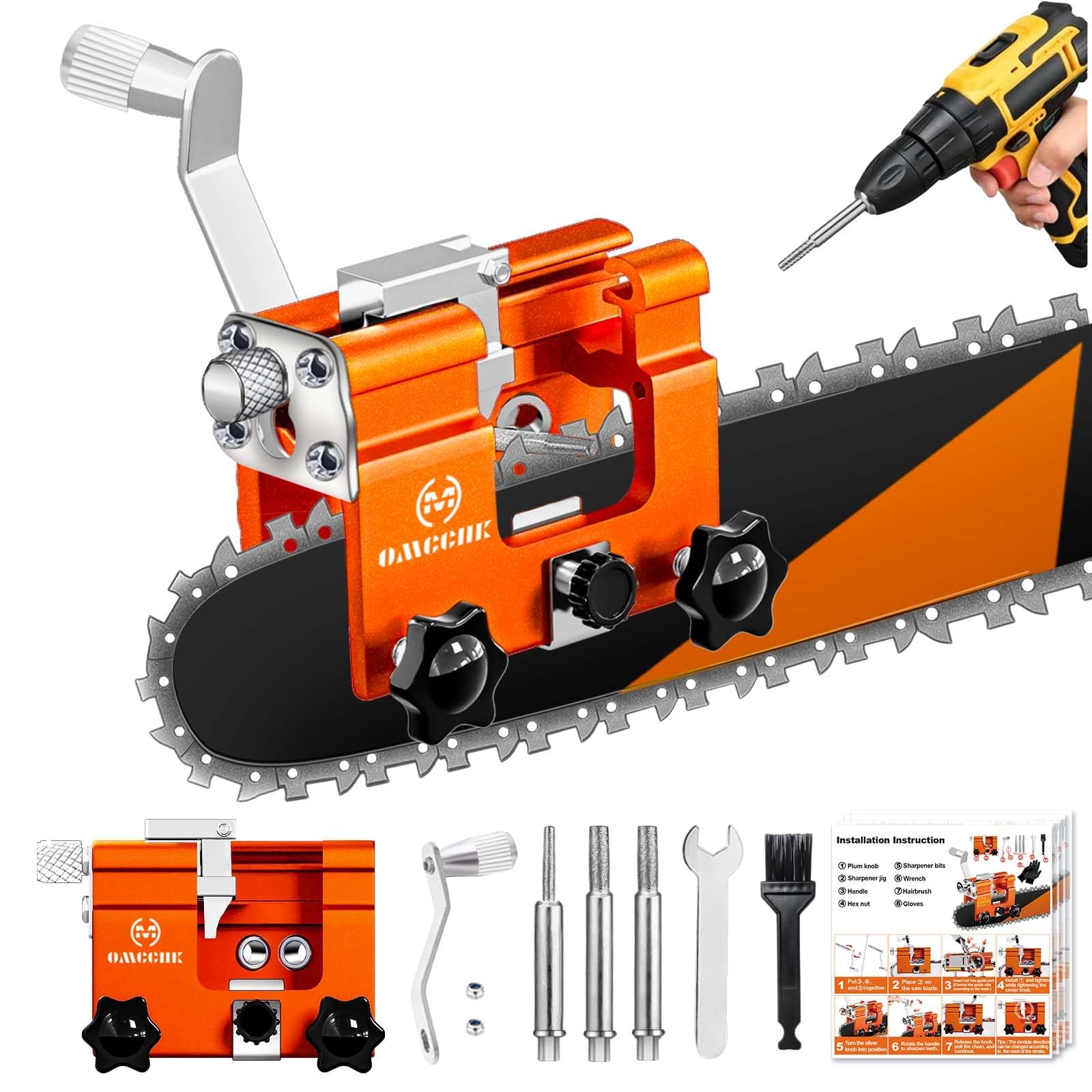 OMCCHK Chainsaw Sharpener with Guide Jig, Portable Chain Saw Sharpening Tool with 3 Titanium-Plated Diamond Sharpening Steel , Manual Chainsaw Sharpening Kit for 4-22" Electric Chain Saw