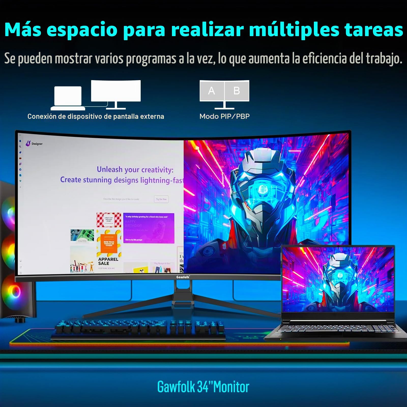 Gawfolk - Monitor Curvo para Juegos (34 Pulgadas, 165 Hz, 1500R, Ultrawide, PC UWQHD, 3440 x 1440P, Pantalla de Ordenador Curvada, VA, Displayport, HDMI, VESA 75 x 75 mm)