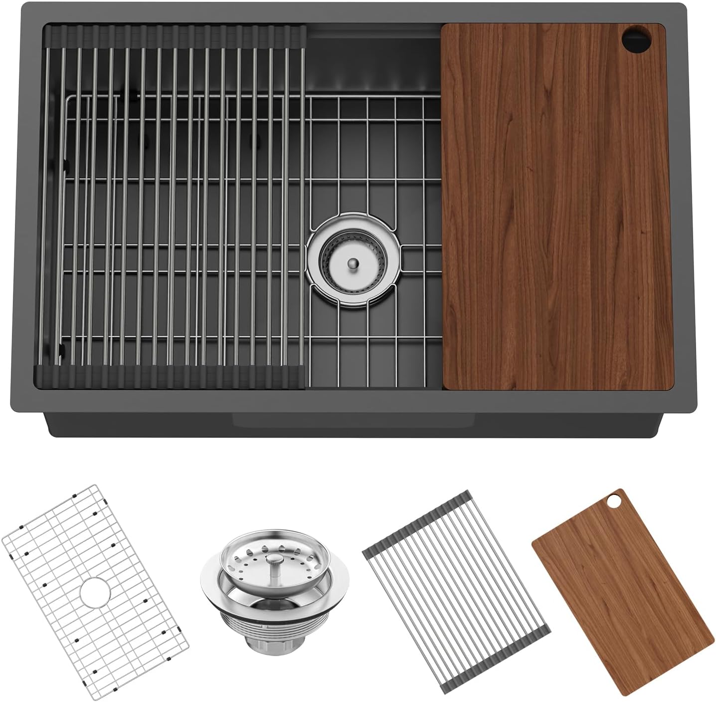 Black Kitchen Sink Workstation,30"x19" Stainless Steel Undermount Single Bowl Kitchen Sink Built-in Ledge Drop In Workstation Sink For Placing/Sliding Accessories-Cutting Board,Drying Rack