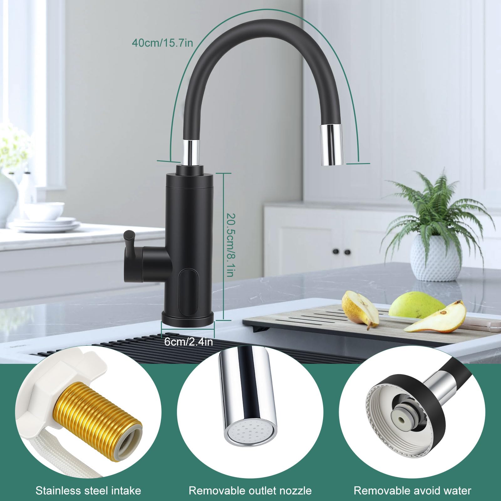 Chauffe-Eau Instantané electrique rotatif à 360°, 230V 3000W electrique Robinet de cuisine avec affichage de la température LCD, Robinet de tuyau en silicone pour Cuisine Jardin Salle de Bain Caravane