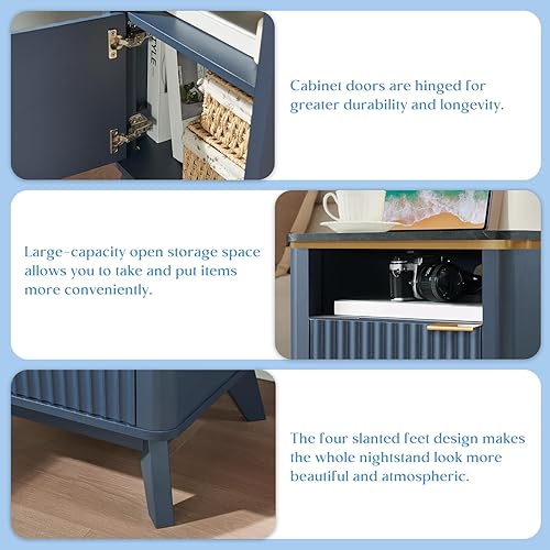 Miniatura 7 de QUW Juego de 2 mesitas de noche acanaladas con estación de carga, mesita de noche con almacenamiento abierto y gabinete, mesa auxiliar moderna de 18