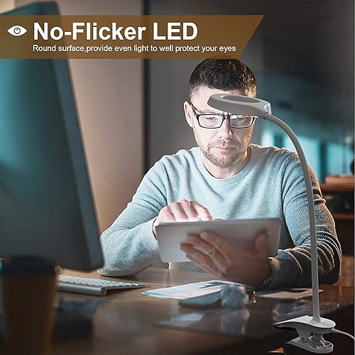 Miniatura 6 de JKSWT Lámpara de escritorio, luz de lectura con clip, anillo de luz LED con 3 modos de color, 9 atenuadores de brillo, 60 LED, panel de control