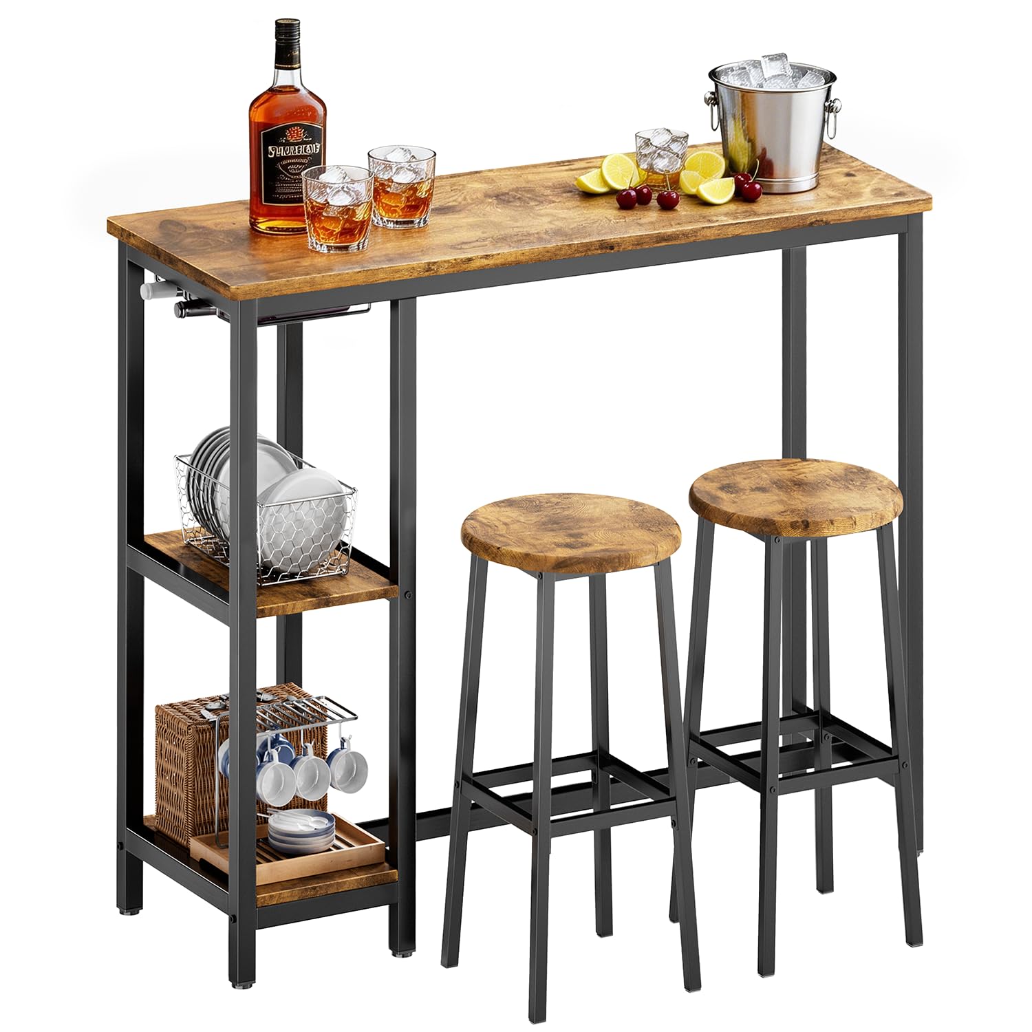 Xbro Bar Table and Stools Set of 2, 120cm Industrial Bar Table with Storage Shelves & Glass Holder, Counter Height Bar Table and Chairs for Kitchen, Dining Room, Home Bar-Brown