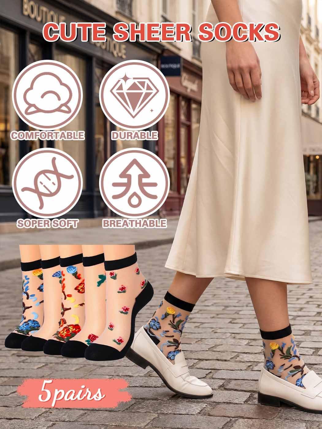 Urieo Women Sheer Socks Flower See Through Sock Lace Transparent Socks（5 Pairs）
