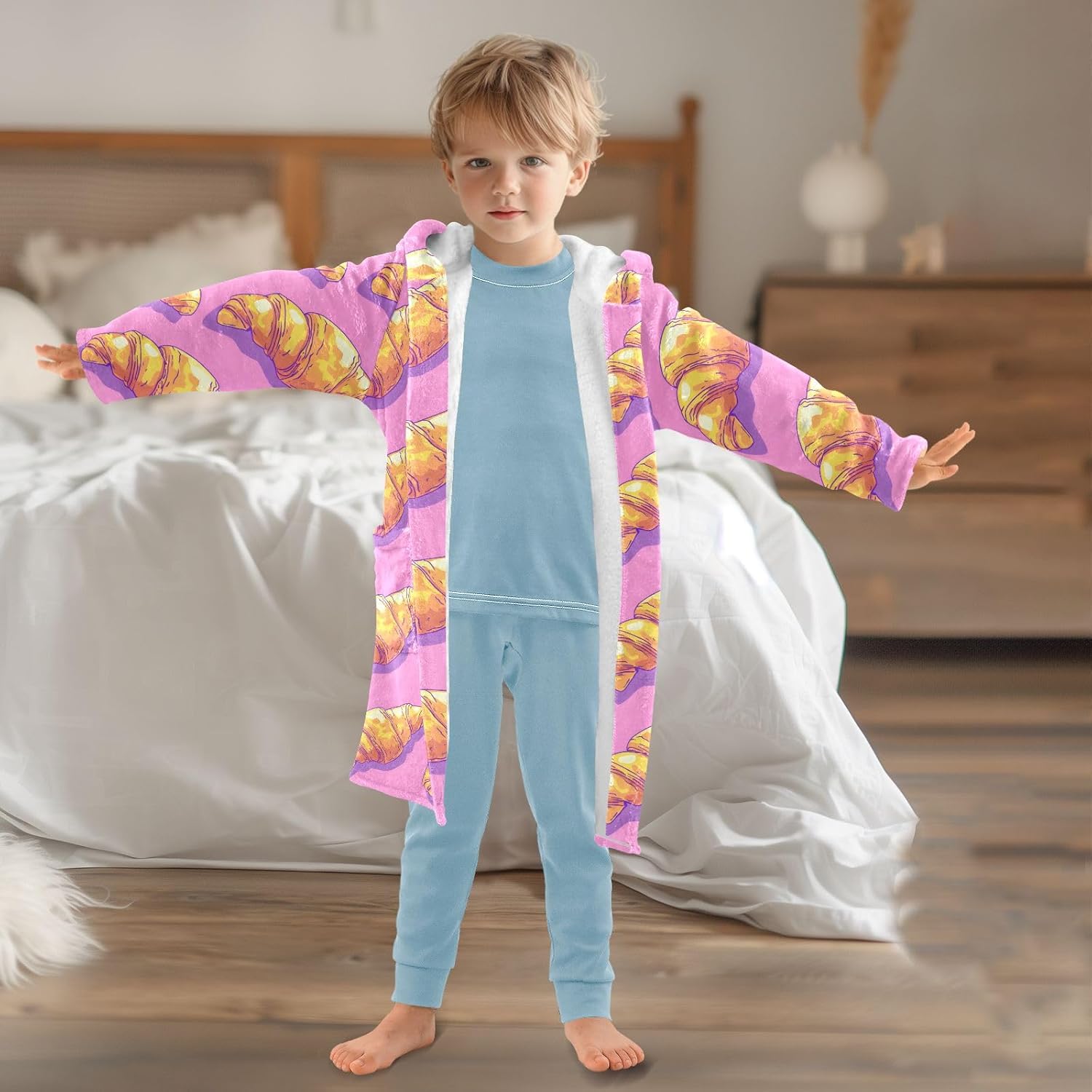 Croissant Pattern Toddler Hooded Bathrobe for Boys Girls Soft Plush Bath Towel Robe 2-12 Years