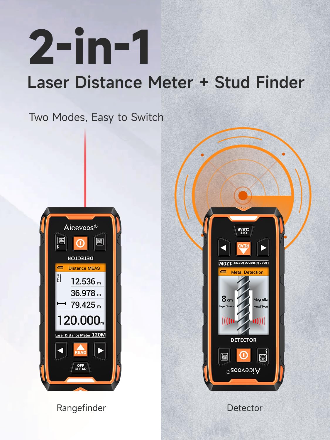 Détecteur Mural 2 en 1, Scanner de Boulons avec Mesure Laser 393 ft, Localisateur de Métaux, Câbles CA et Bois