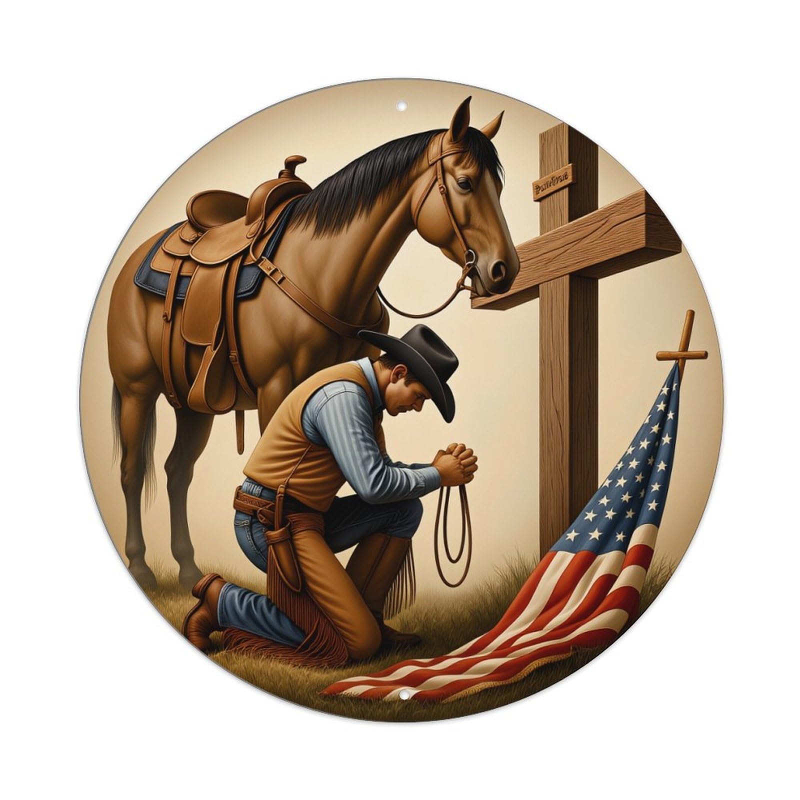 Cowboy Praying Horse Flag Cross Round Tin Sign Vintage Metal Poster, Home Bar Garage Man Cave Cafe Indoor & Outdoor Wall Decoration 8x8Inches