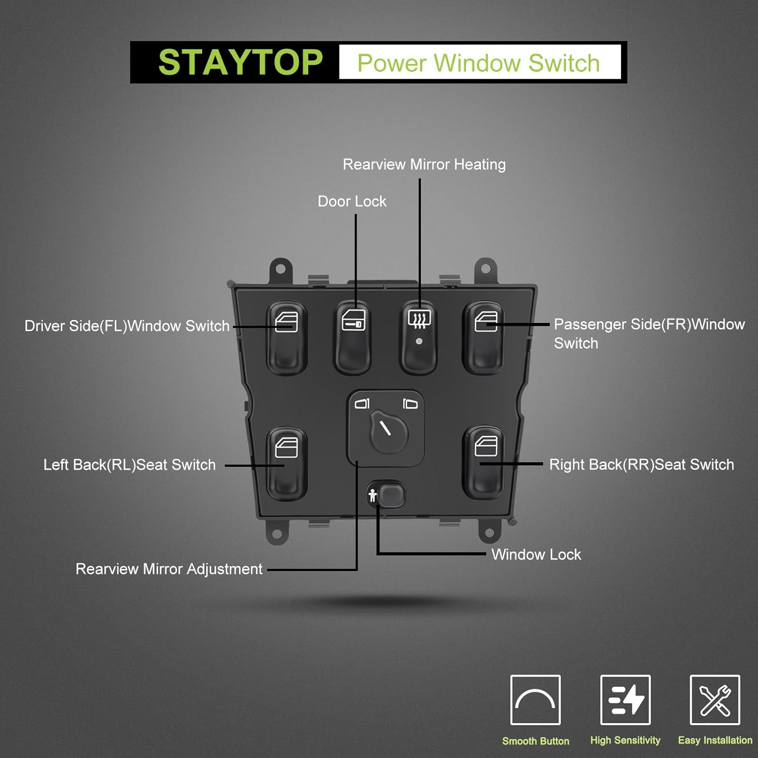 STAYTOP Master Power Window Switch Front Driver Side Fits for 1998-2003 for Mercedes Benz ML320 1999-2001 for Mercedes Benz ML430 2000-2003 for Mercedes Benz ML55 AMG OE 1638206610