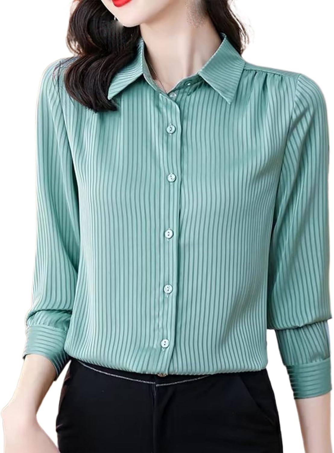 Women's Comfort Soft Material Striped Satin Shirt Long Sleeve Korean Office Lady Blouse Top