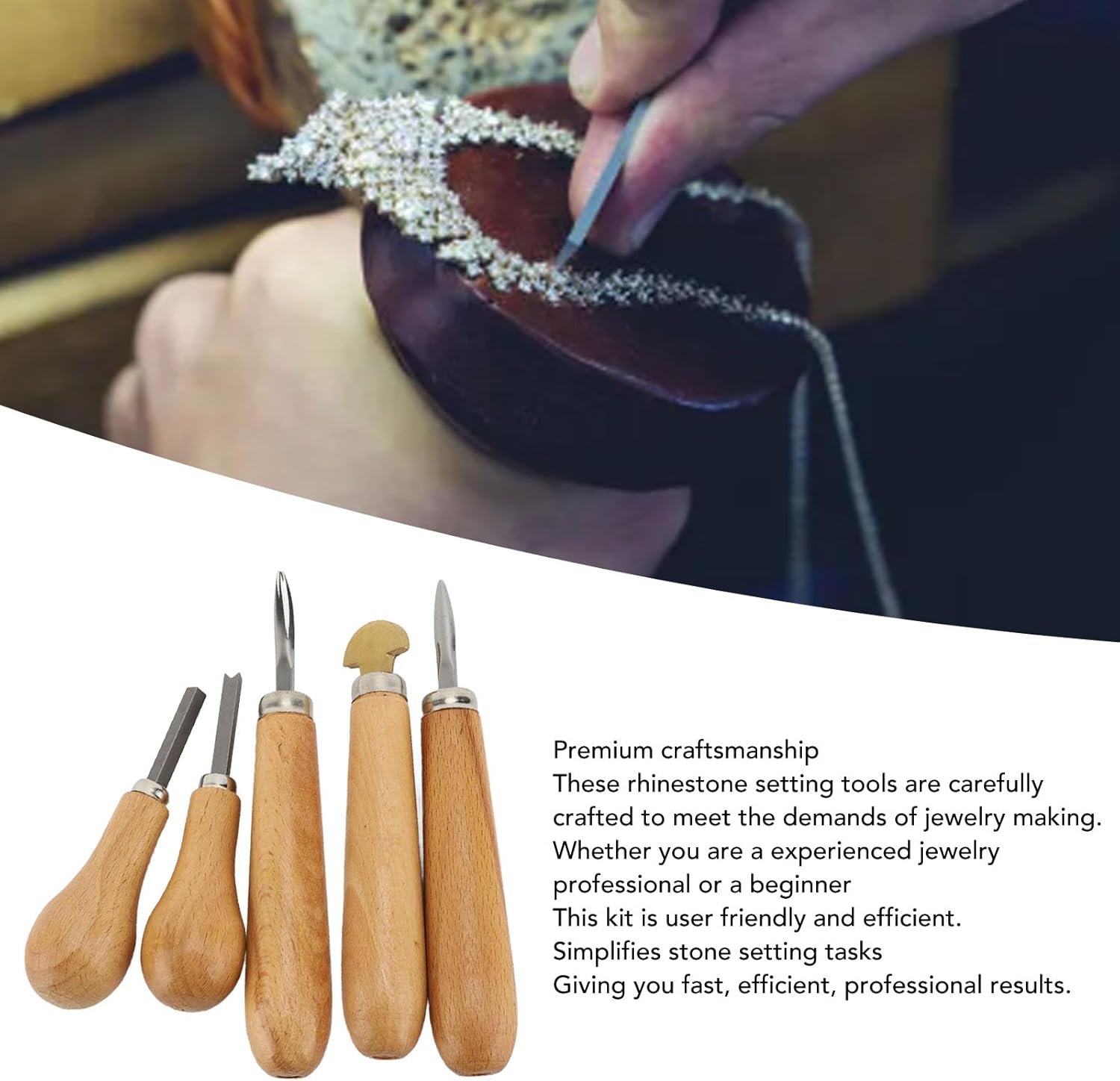 ZJchao Jewelry Stone Setting Tools, 5pcs Stone Setting Prong Bezel Jewelry Tool Set Wooden Handle Professional Jeweler Beginners Ergonomic Securely Hold Stone Setting Kit