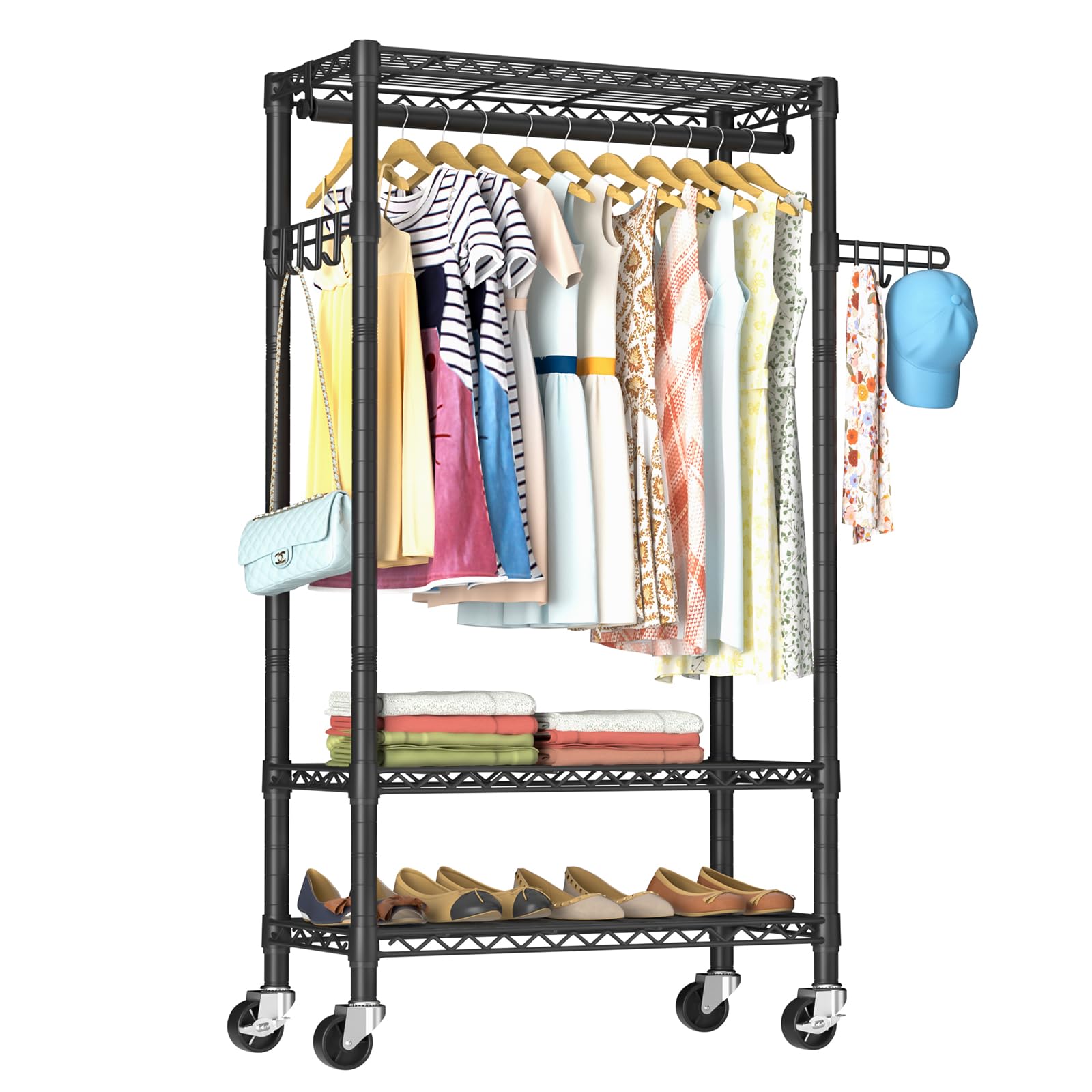 Heavy Duty Clothes Rack Rolling Garment Rack,3 Tier Adjustable Wire Shelving Clothing Racks for Hanging Clothes with Hanger Rod&Side Hooks,Freestanding Wardrobe Storage Rack Metal Portable Closet