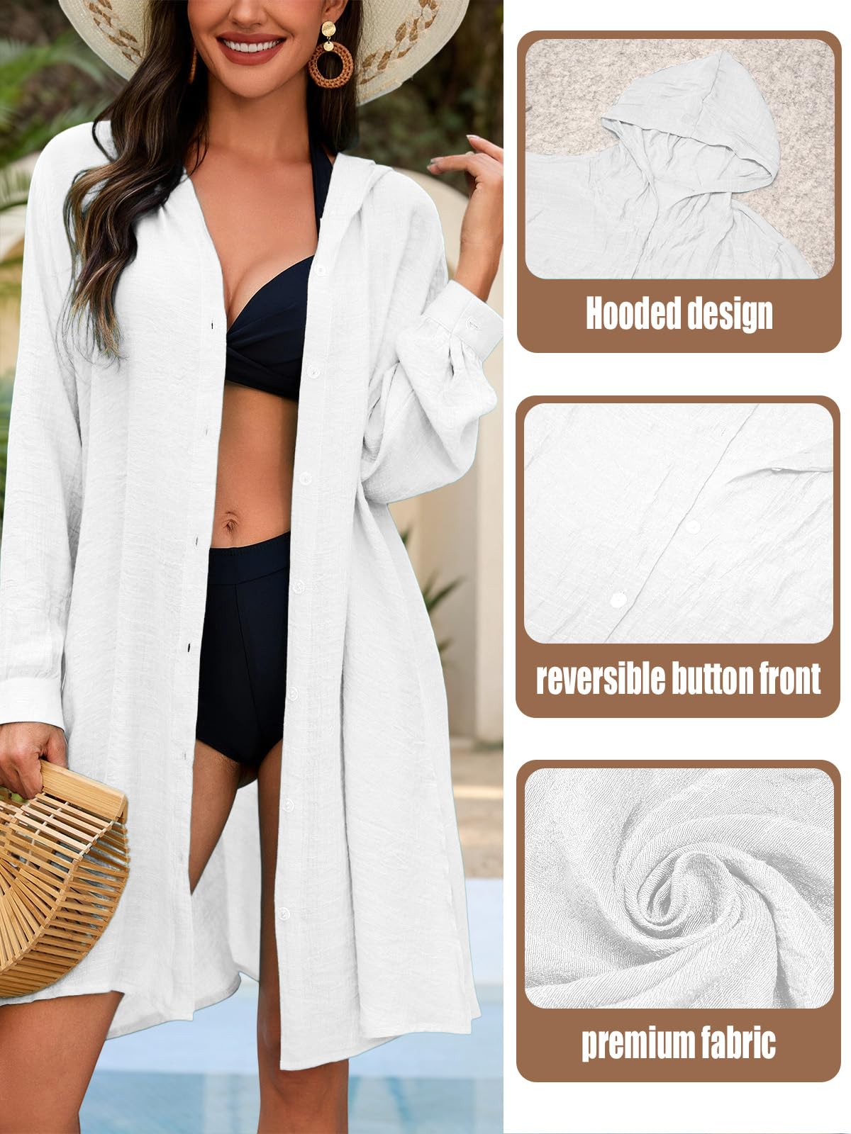 Damen Strandkleid Bikini Cover Up Mit Kapuze V-Ausschnitt Lose Size Strandkleid Casual Badeanzug Strand Vertuschen Shirt，Weiß