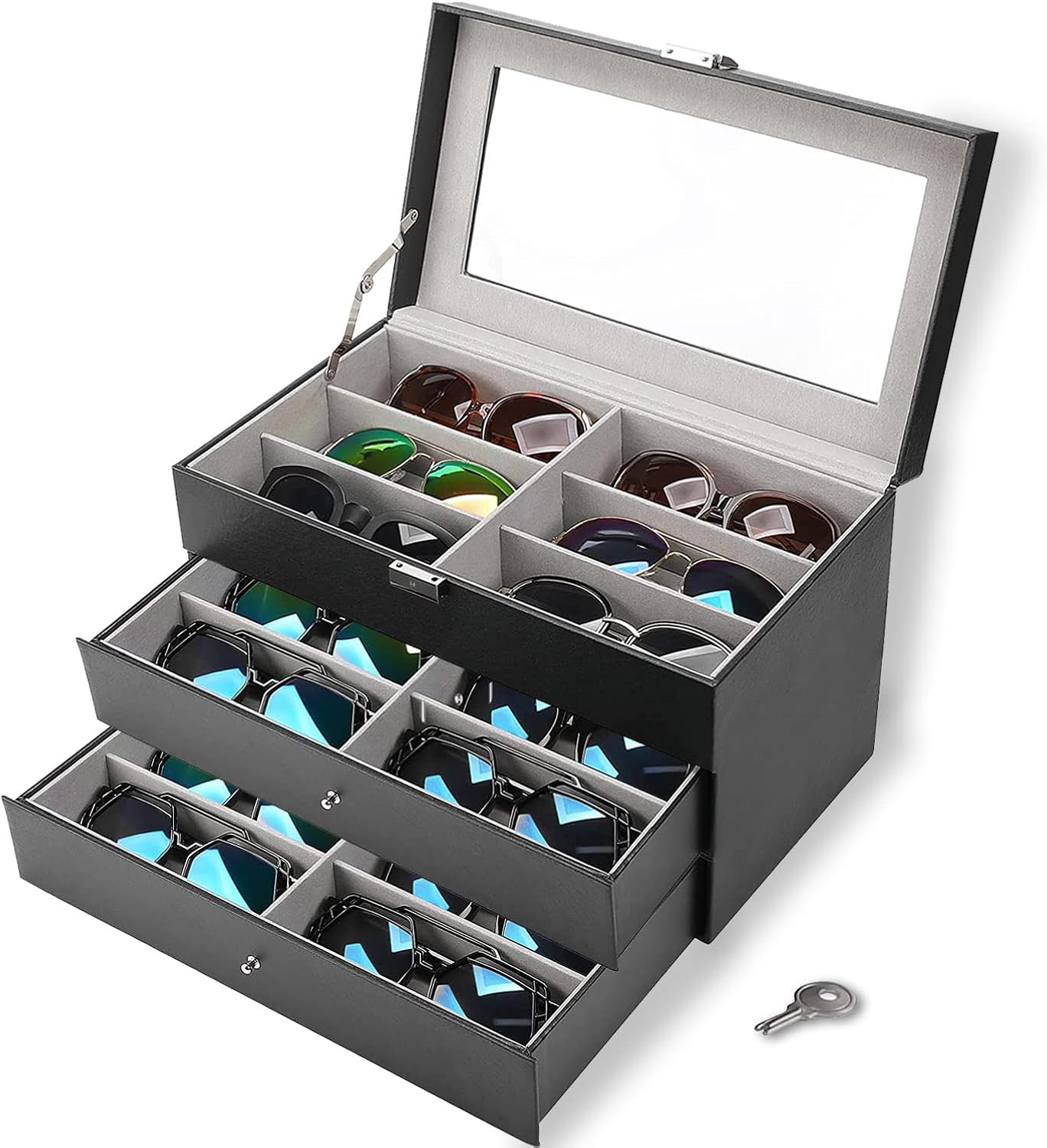 Caja organizadora de gafas de sol de 3 capas18 ranuras para múltiples pares de gafas de sol de almacenamiento y exposición, soporte para gafas,