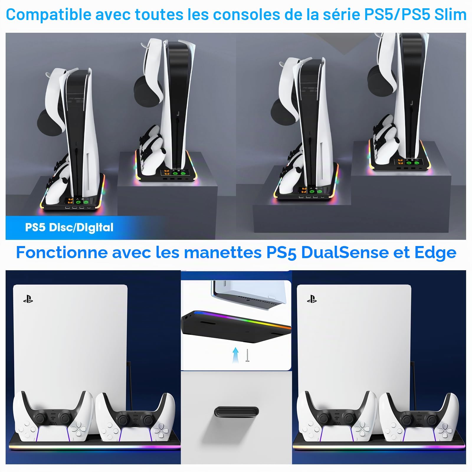 Support PS5 pour PS5/Slim avec Ventilateur de Refroidissement à 3 Vitesses, 3 Ports USB Chargeur Manette avec Lndicateur RVB, Refroidisseur pour Playstation5 Digital/Disc Edition(Noir)