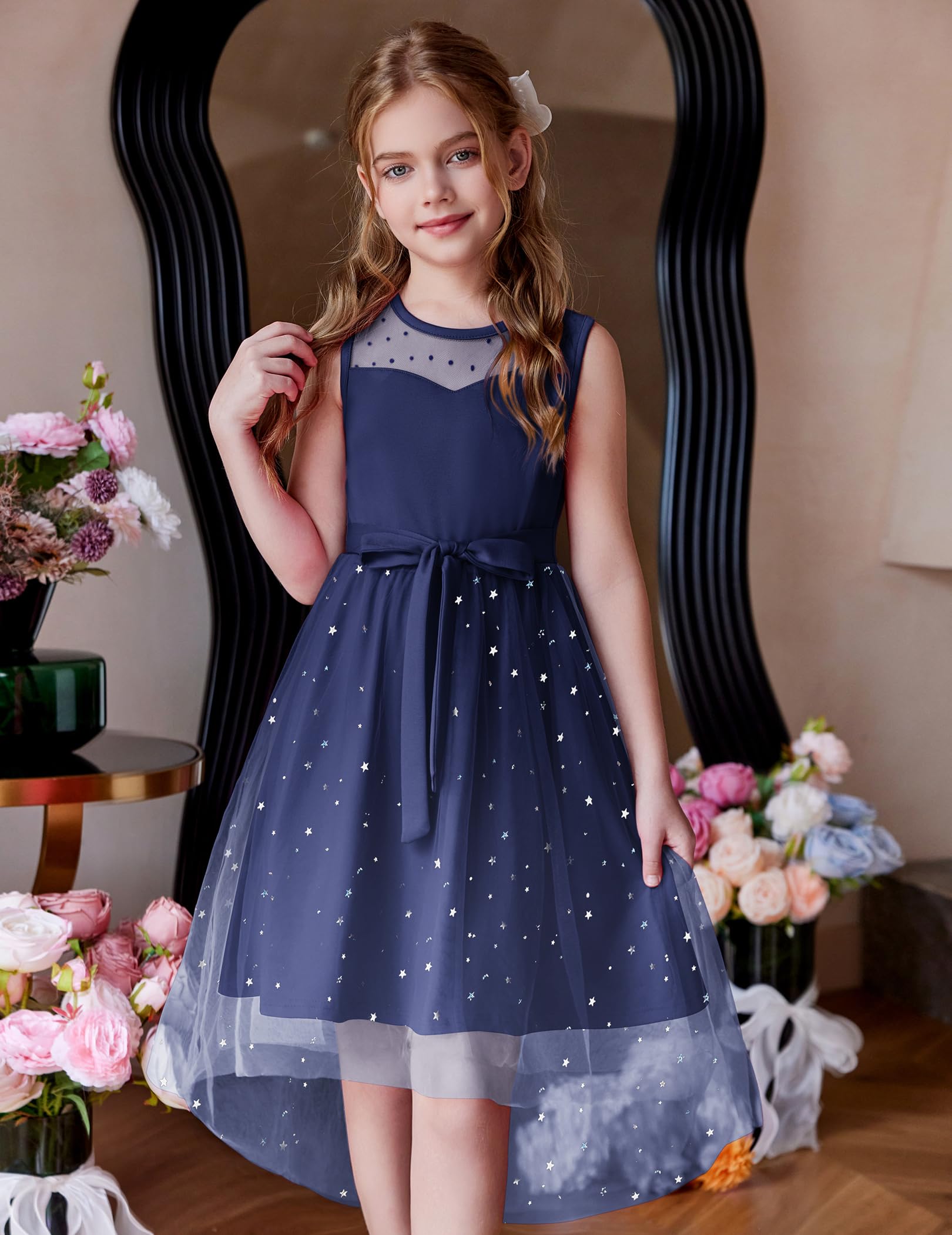 Arshiner Vestito da bambina, senza maniche, estivo, per feste, matrimoni, comunioni, damigelle, damigelle, ragazze, abito in tulle, con orlo asimmetrico e cintura, 6-15 anni