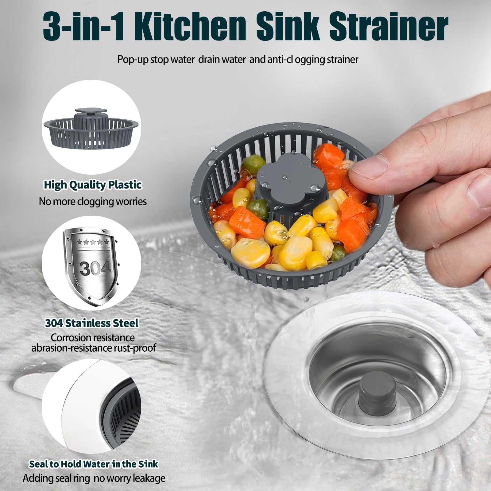 3-in-1 Abflusssieb Für Küchenspüle – 304 Edelstahl, Pop-Up, Für 8,9 Cm Abfluss