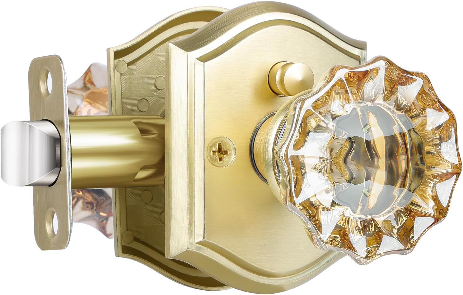 Champagne Glass Door Knobs Interior with Lock, Gold Satin Brass Crystal Privacy Door Knobs for Bedroom Bathroom Privacy Champagne Crystal and Gold Finish