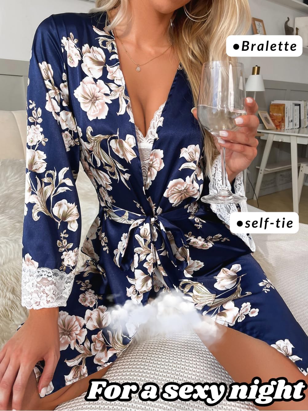ChiaoLezhee Women's Silk Satin Pajama Sets, Sexy Lace Lingerie with Printed Robe, 3 Piece Pjs for Bridal Shower Gifts