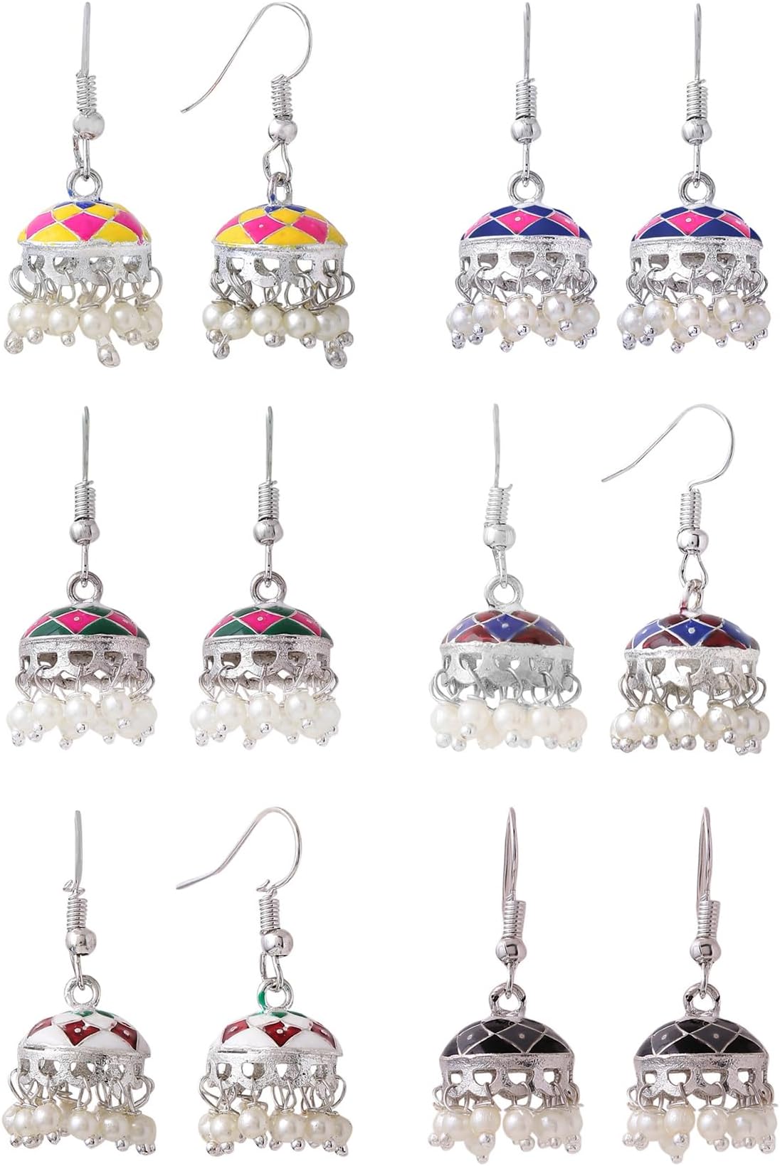 Meenakari Jhumka Earrings for Women | Traditional Small Jhumki Earrings Set for Girls | Combo of 6 Pairs Jhumkas Ethnic Gold Plated Women Earrings | Birthday Gift For Girls