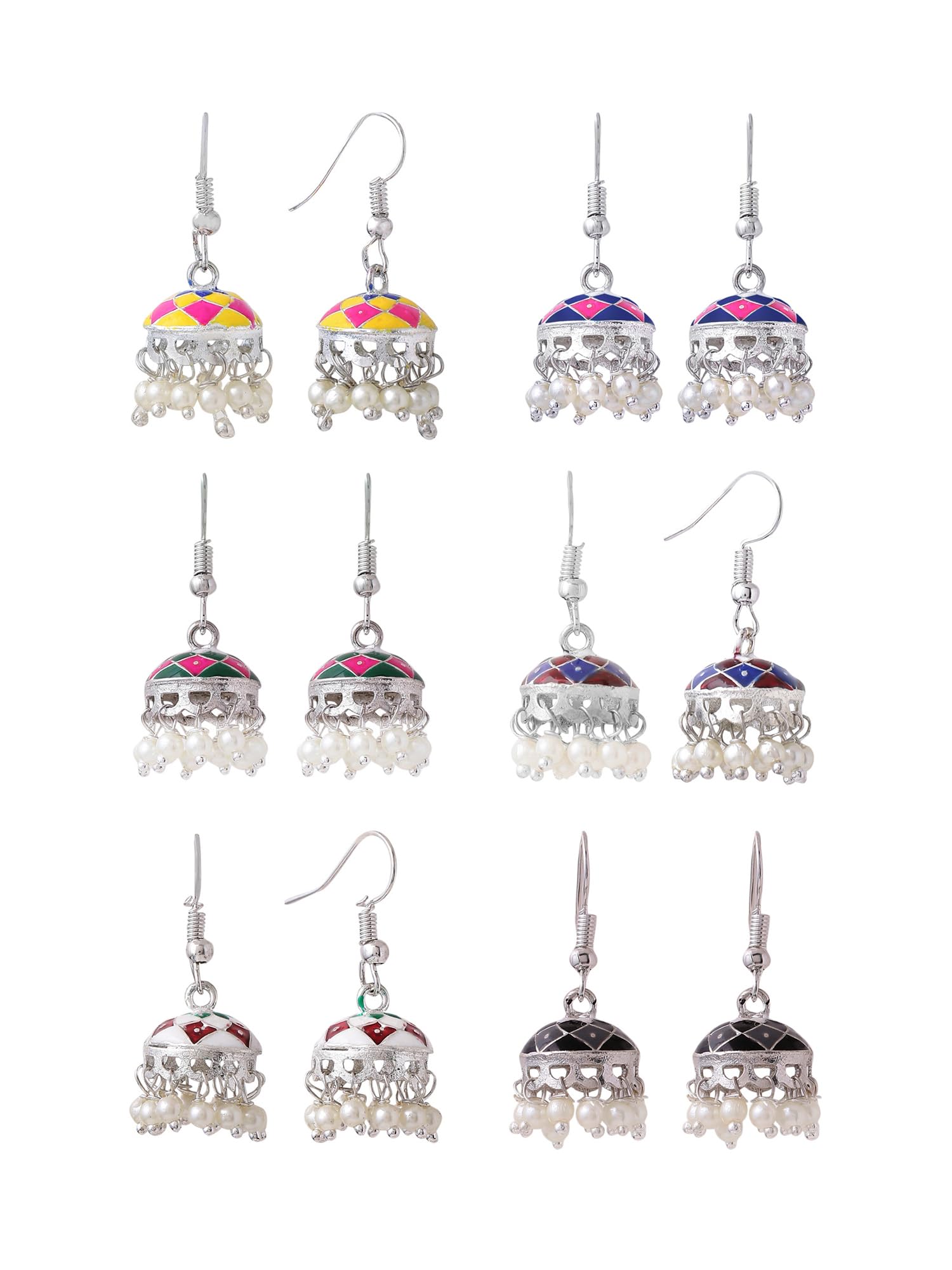 Meenakari Jhumka Earrings for Women | Traditional Small Jhumki Earrings Set for Girls | Combo of 6 Pairs Jhumkas Ethnic Gold Plated Women Earrings | Birthday Gift For Girls