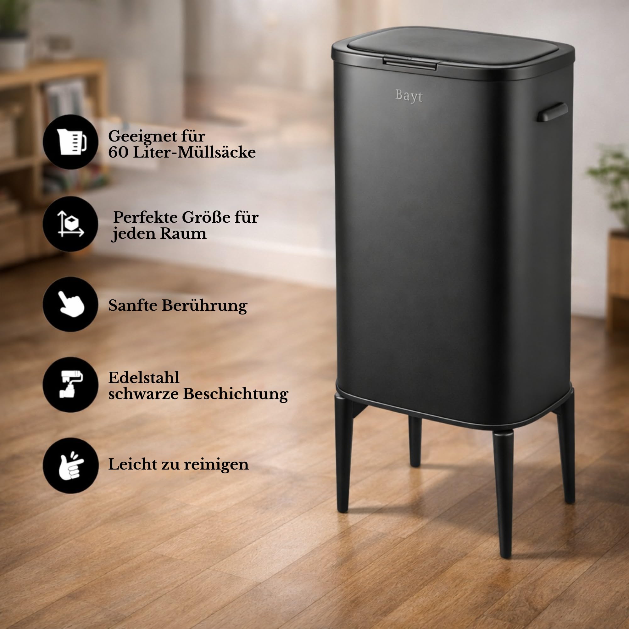 Bayt Abfalleimer mit stabilen Füßen - passend für 60L Müllbeutel - Automatischer Sensor-Mülleimer - Küchenmülleimer - Edelstahl - Schwarz