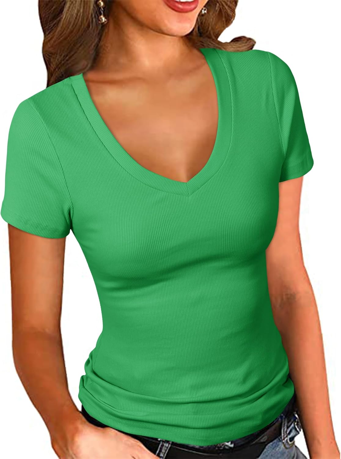 PALINDA Women's Short Sleeves Ribbed Fitted Shirt Basic V Neck Slim T Shirt Tops