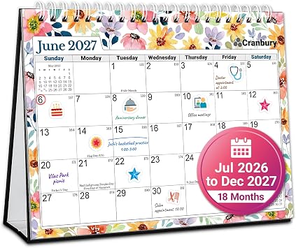 CRANBURY 2026-2027 Small Desk Calendar 8x6, Standing Flip Planner