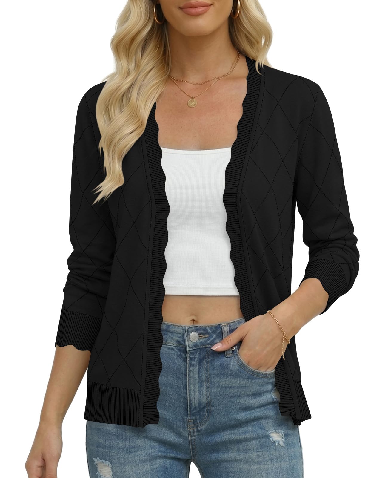 Photo 1 of DouBCQ Shrugs for Women Cropped Long Sleeve Lightweight Open Front Knit Hollow Out Cardigan Sweaters Black L