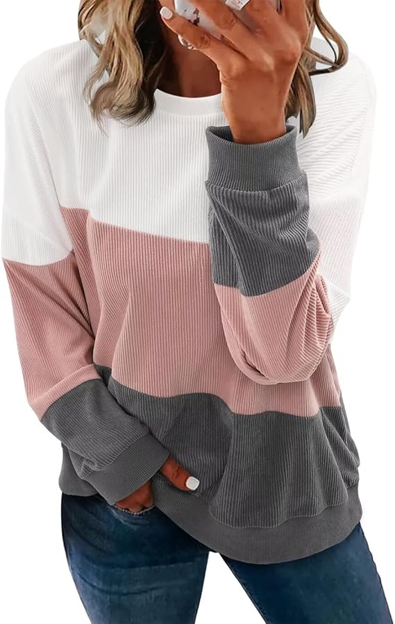 KISSMODA Womens Casual Long Sleeve Sweatshirts Color Block/Solid Tops Corduroy Crewneck Tunic Pullover with Pockets
