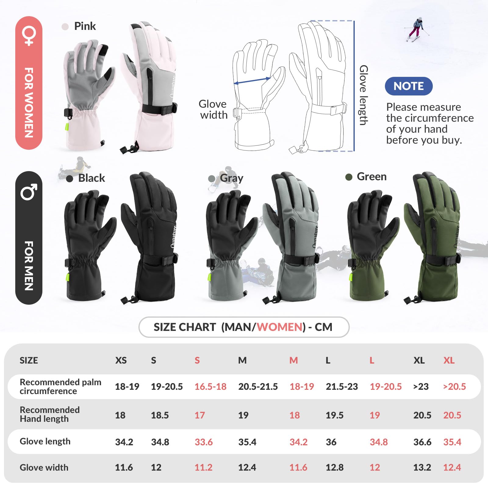 Qunature Guantes de Esquí Térmico Guantes de Ciclismo A Prueba de Viento Dedos Completos con Pantalla Táctil para Actividades al Aire Libre Esquí Patinaje MTB Bicicleta Carretera Mujeres Hombres