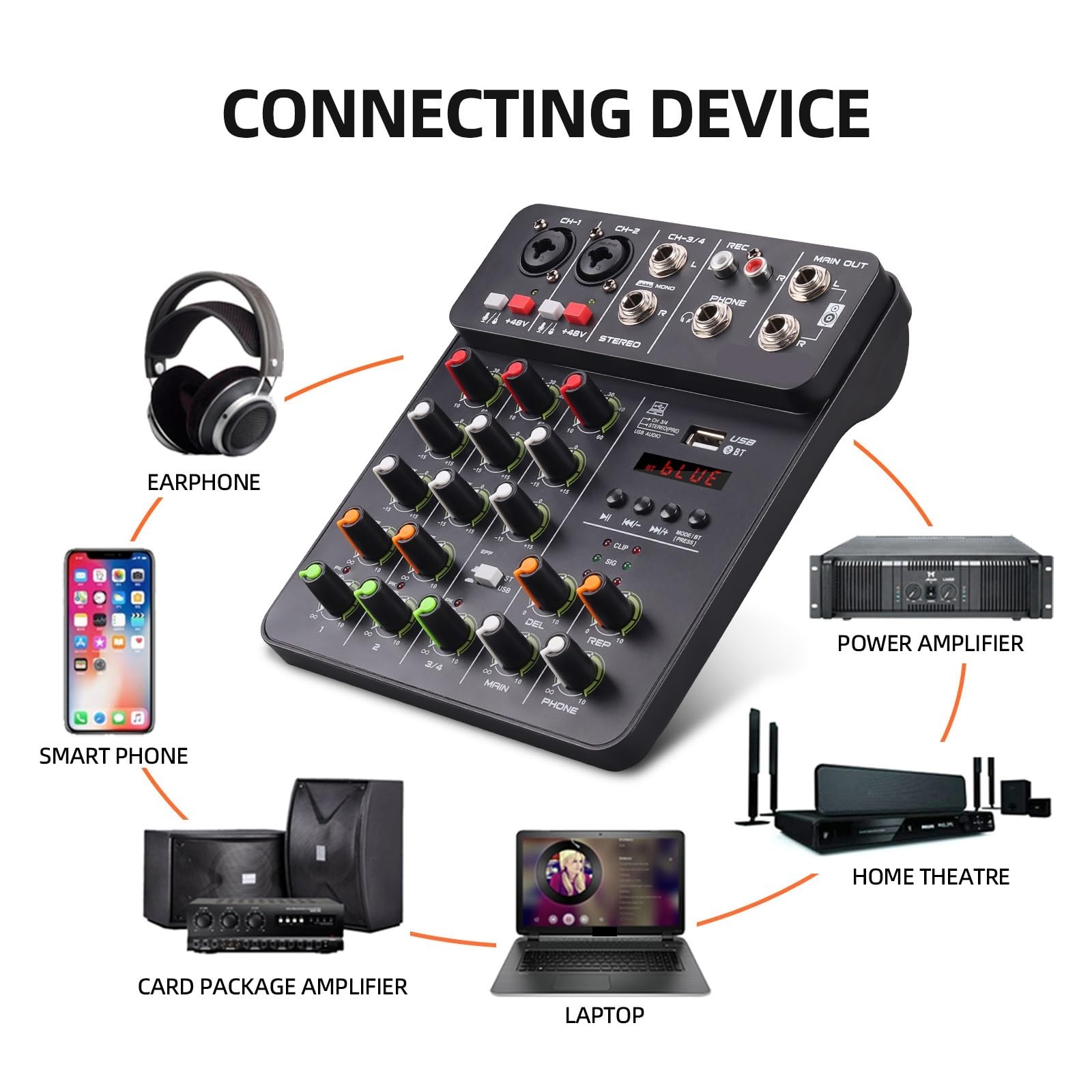 Mikser DJ-ski, Mikser 4-kanałowy V4 z efektem powtarzania Bluetooth USB do nagrywania na komputerze w konsoli miksowania dźwięku