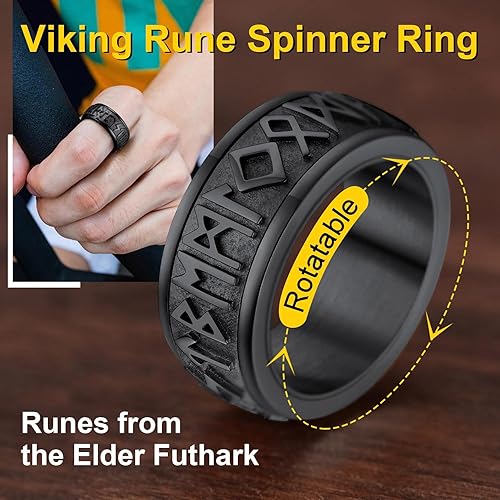 Miniatura 2 de ChainsProMax Puede grabar anillos giratorios de runa vikinga para hombresmujeres, tamaño #7-#14, anillo de cadena de eslabones de acero inoxidable,