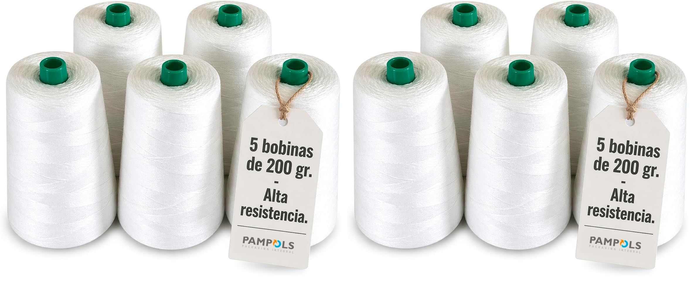 Packung mit 5 Rollen dickem Polyestergarn für Beutelnähmaschine | Hochfestes Seil zum Verschließen | Taschen 5 Zapfen von 20/4 von 200gr | Weiß (Weiß) (Packung mit 2)