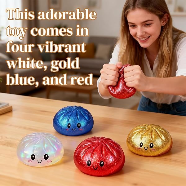 Glitter Dumpling Squishy Box, Dumpling Squishies, Sensory Squeeze Toy for Stress Relief, Soft Decompression Dough for Adults Office and Home Use (Ribbon Emoji bun) - 5