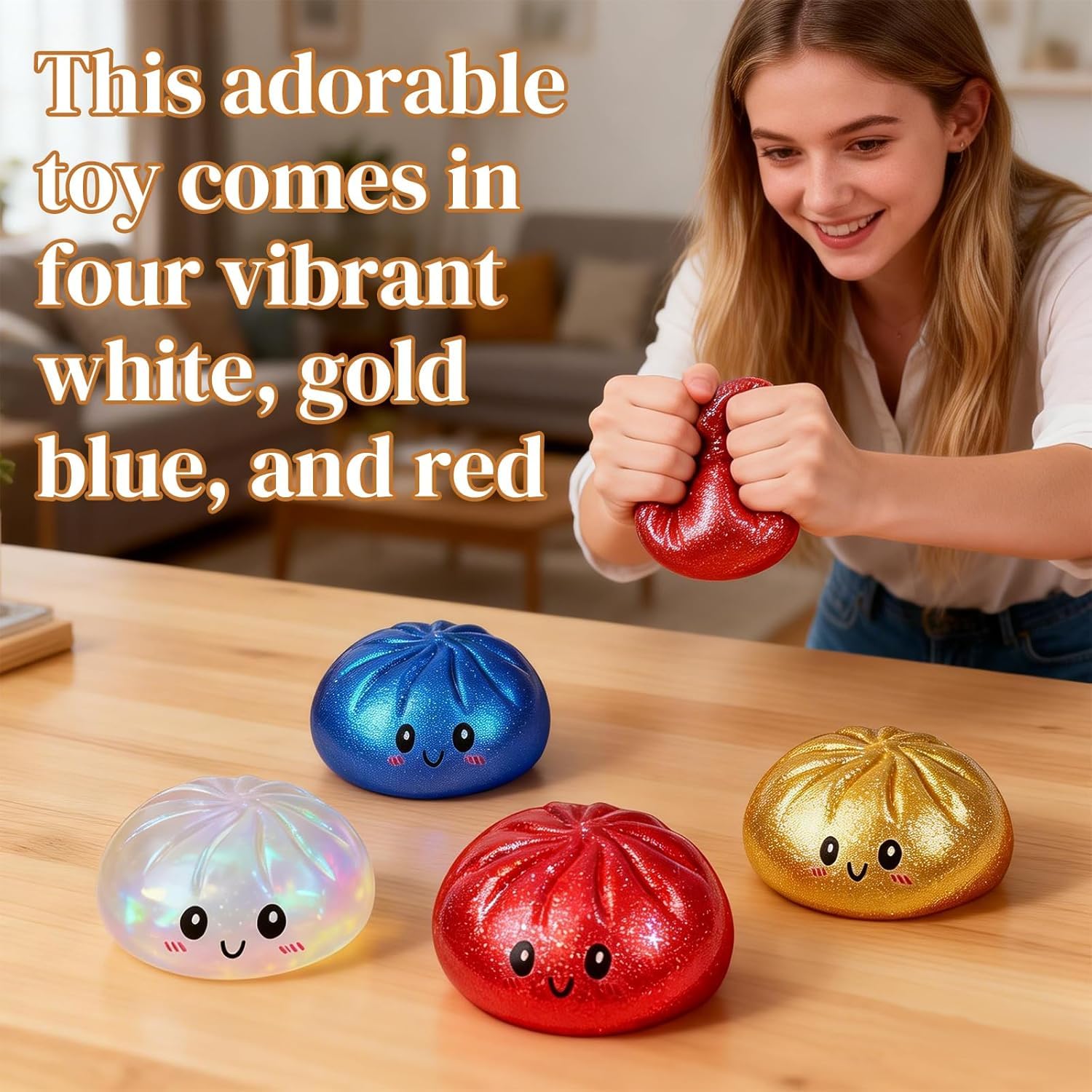 Glitter Dumpling Squishy Box, Dumpling Squishies, Sensory Squeeze Toy for Stress Relief, Soft Decompression Dough for Adults Office and Home Use (Ribbon Emoji bun) — view 5