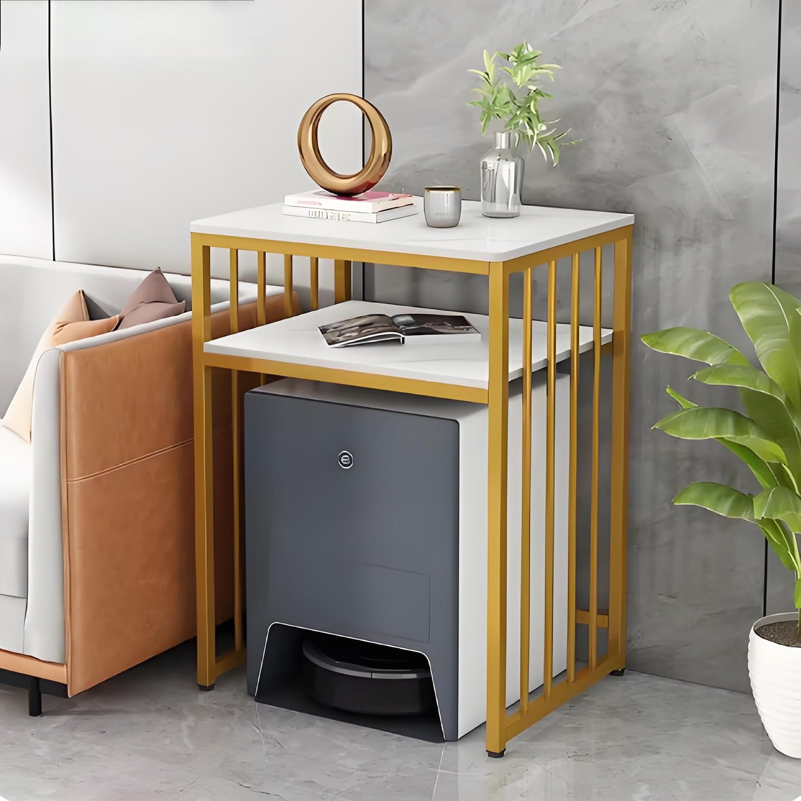 Meuble De Rangement Aspirateur Robot avec Plateau en Pierre, Étagère De Rangement pour Maison, Rayonnages Ouverts Cachés avec Pieds Réglables pour Salon, Chambre, Cuisine(White,60 * 40 * 83cm)