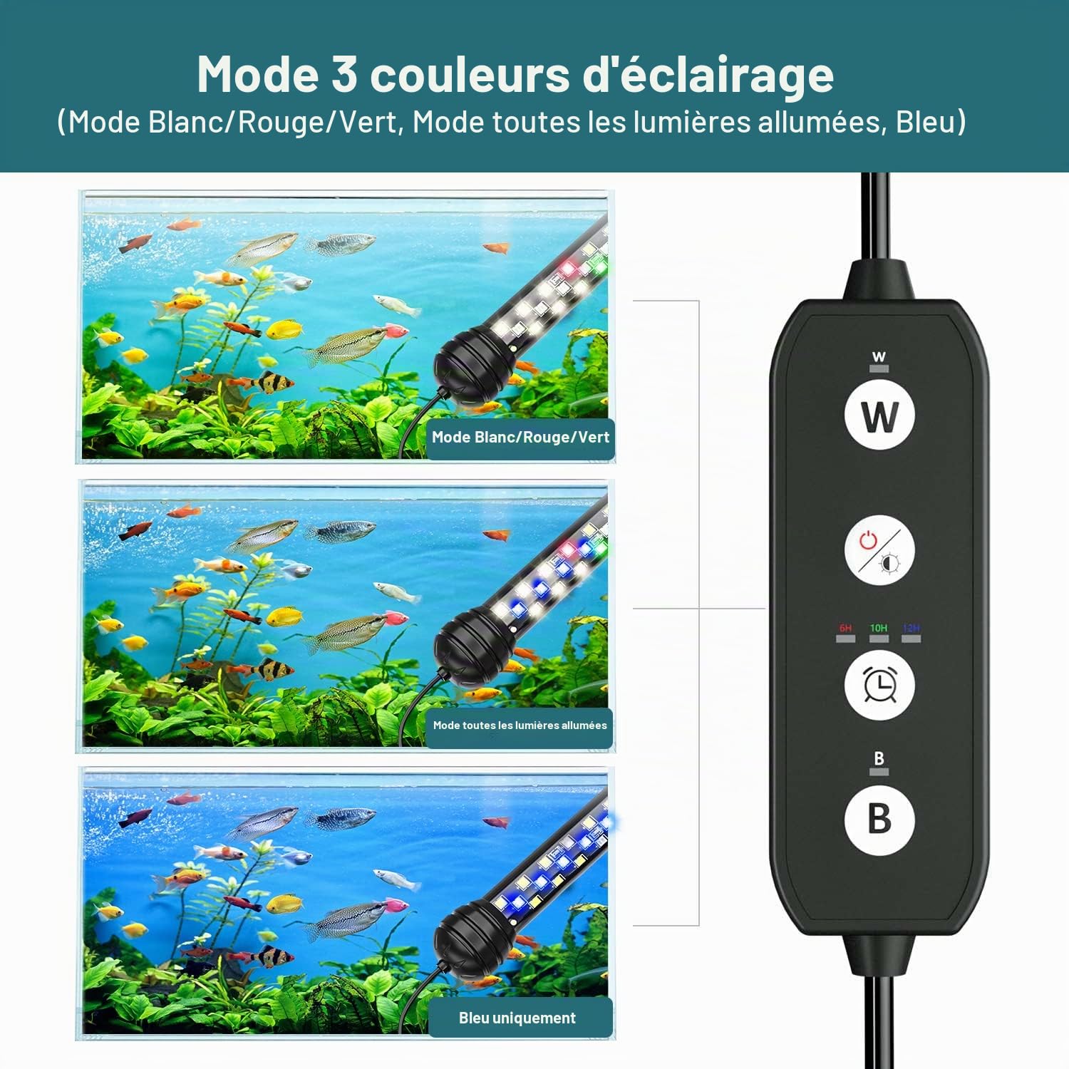 SEAOURA Éclairage Aquarium avec Minuterie, Éclairage Submersible pour Bac à Poissons, avec Allumage/Extinction Automatique, 3 Modes d'Éclairage, Luminosité Réglable (58cm)