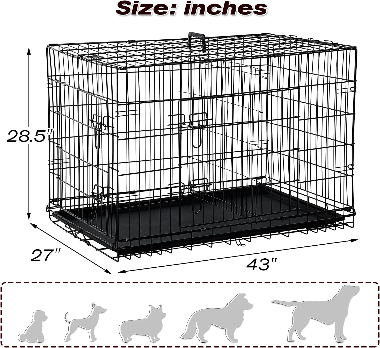 Dog Crate,Dog Kennel, Metal Crate 42 Inch Double Door Foldable Puppy Supplies Cage with Divider Panel, Handle, Plastic Tray for Pet Animals Outdoor Indoor (42 Inch)