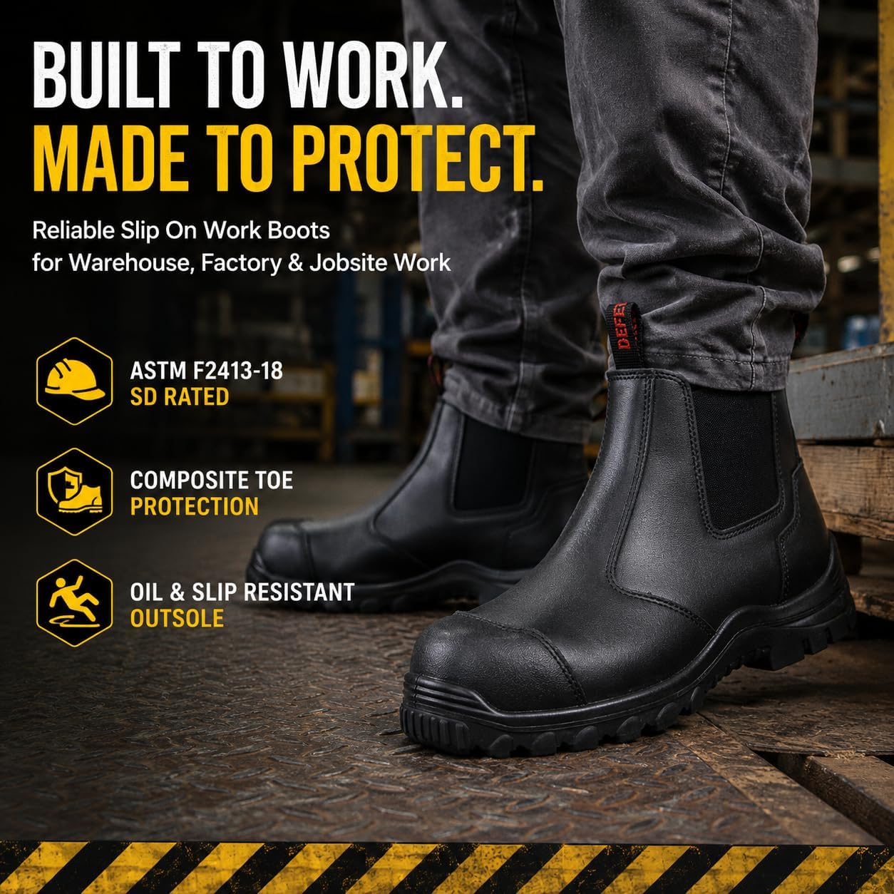 Men’s Composite Toe Work Boots, ASTM F2413-18 SD, 6 Inch Slip on Full Grain Leather Safety Boots, Oil and Slip Resistant Rubber Outsole D058706