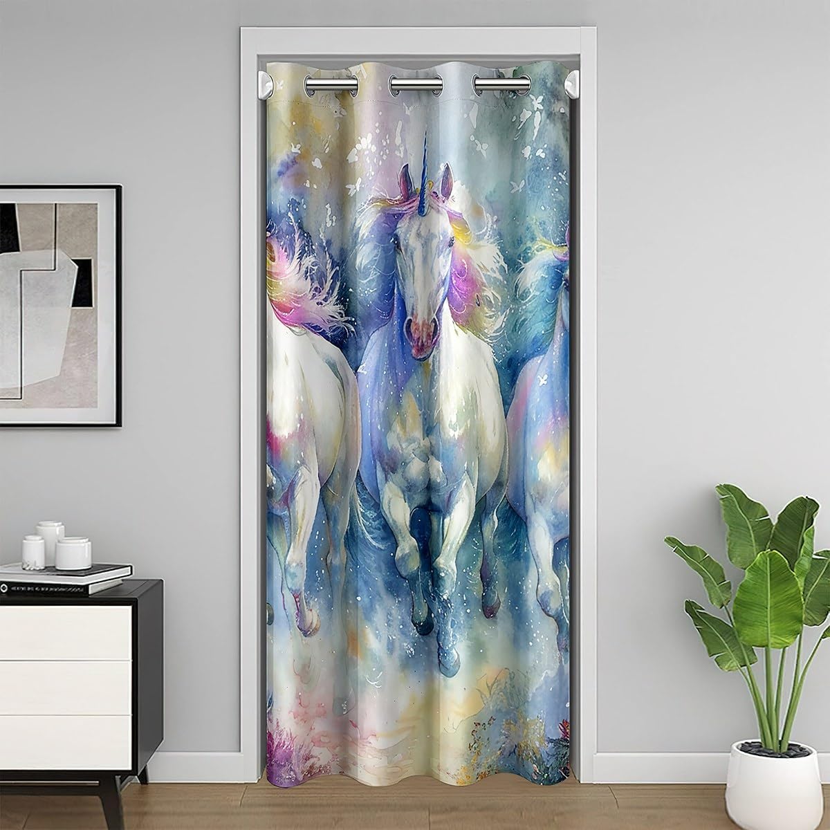 Watercolor Unicorn Door Curtain for Kids White Unicorn Horse Animal Doorway Curtain 42" Wx 80" L Wild Natural Flowers Closet Curtain Rustic Farmhouse Door Curtain Tapestry for Hallway