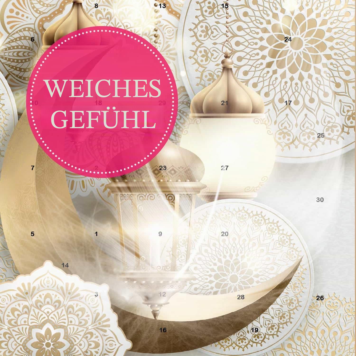 Hallingers Genuss Manufaktur Pralinen Halal Ramadan - ohne Alkohol, handmade aus Edelkakao in wertigem Softfeel-Karton "Ramadan - Mubarak", Kareem Maburak für Frauen Männer